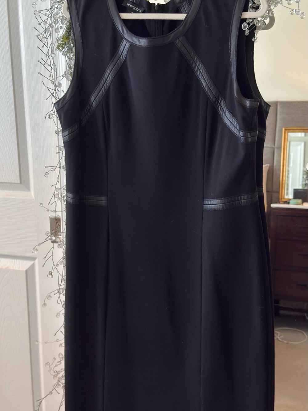 Lafayette 148 New York Black Sleeveless Sheath Dress with Leather Trim